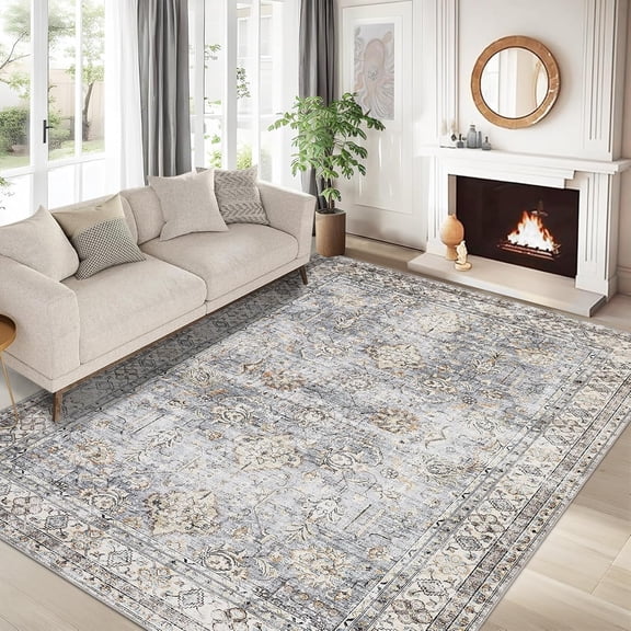 8x10 Oriental Vintage Distressed Area Rug, Washable Non Slip Low Pile Stain Resistant Carpet for Living Room Bedroom,blue
