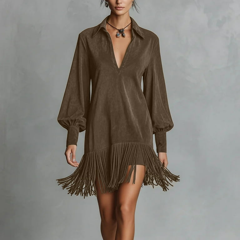 retro suede dress Women's Western Cowgirl Vintage Suede Dress,Sexy Long Sleeve V Lapel Fringe  Hem Mini Dresses for Women 2026 Trendy Coffee M