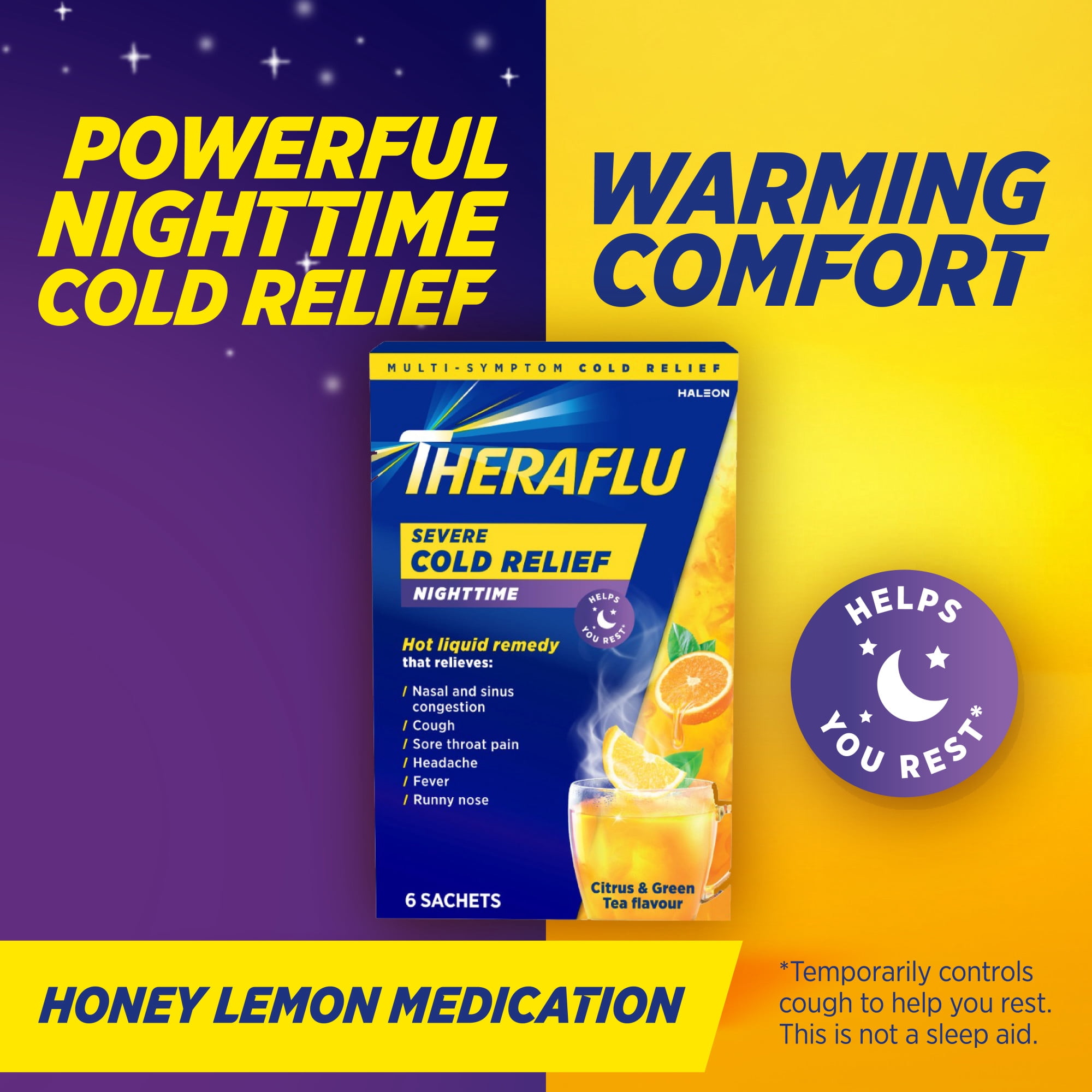 (3 pack) Theraflu Severe Cough Cold and Flu Nighttime Relief Medicine Powder, White Tea and Honey Lemon, 6 Count