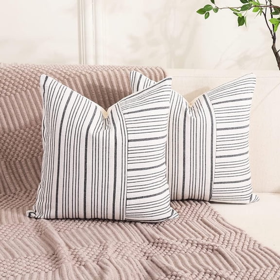 Farmhouse Decor Grey Neutral Pillow Covers 20x20 Set of 2 Gray Striped Patchwork Boho Pillows for Home Couch and Sofa