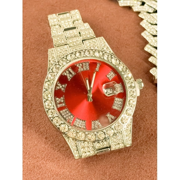 Hip-hop Watch Four-Piece Set with Rhombus Cuban Chain, Cross Necklace and Cuban Ring