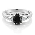 thumbnail image 2 of Gem Stone King 925 Sterling Silver Black Sapphire and White Moissanite 3 Stone Engagement Ring for Women | 1.74 Cttw | Oval 8X6MM | Round 2MM | Gemstone September Birthstone | Size 9, 2 of 5