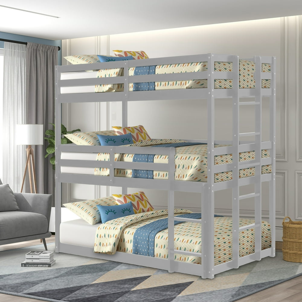 Triple Bunk Bed for Children, Solid Wood Triple Bunk Bed Frame with