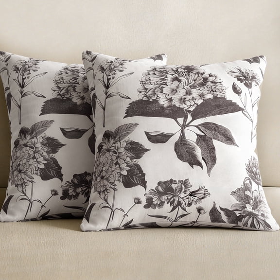COOKCOK Set of 2 Vintage Floral Throw Pillow Covers, 22" x 22" Neutral Block Print Decorative Cushion Covers, Double-Sided Boho Farmhouse Decor for Sofa Couch Bed, Black