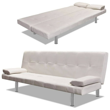 Sofa Bed with Two Pillows Artificial Leather Adjustable Cream