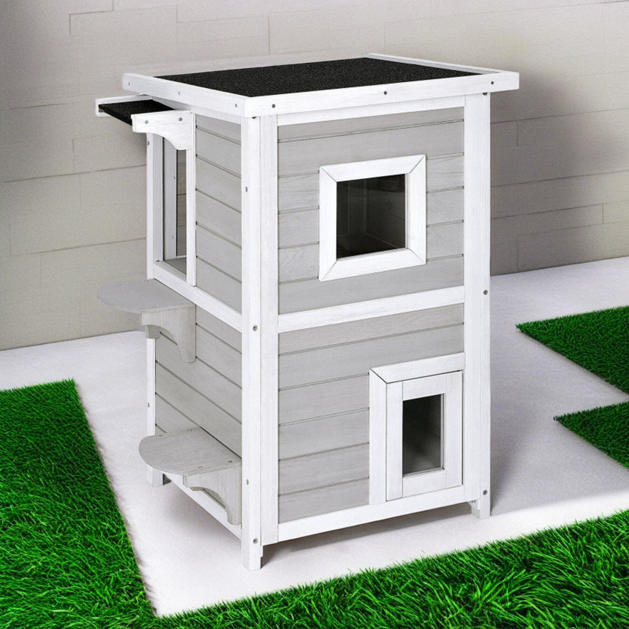 Pefilos 32" 2-Story Cat House for Outdoor Cats, Weatherproof Cat Shelter with Escape Door, Wood Cat Condo for 3 Adult Cats, Gray