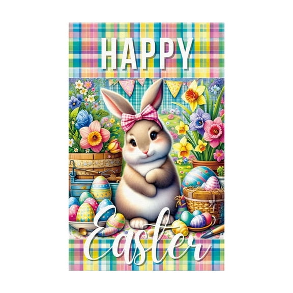 Easter Bunny Garden Flag with Plaid and Floral Pattern Spring Outdoor Decoration for Yard Home Holiday Display as shown