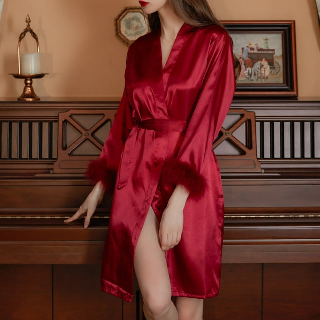 Trending,Women's Feather Robe, Plush Flannel Material, Soft & Cozy, Quick Dry, for Home, Sleepwear, Dorm, Spa, Relaxing Robe Modern Fit|100%Polyester,Red,Sopatenor