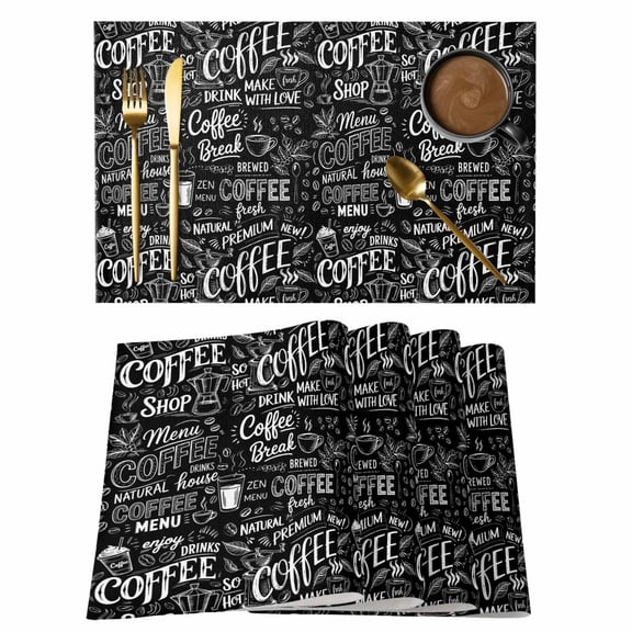 Black Coffee Placemats Set of 4, Farmhouses Modern Simple Cup Plants Placemats for Dining Table, Place Mats for Kitchen Tabletop, Waterproof Wipeable Dining Table Mats Set