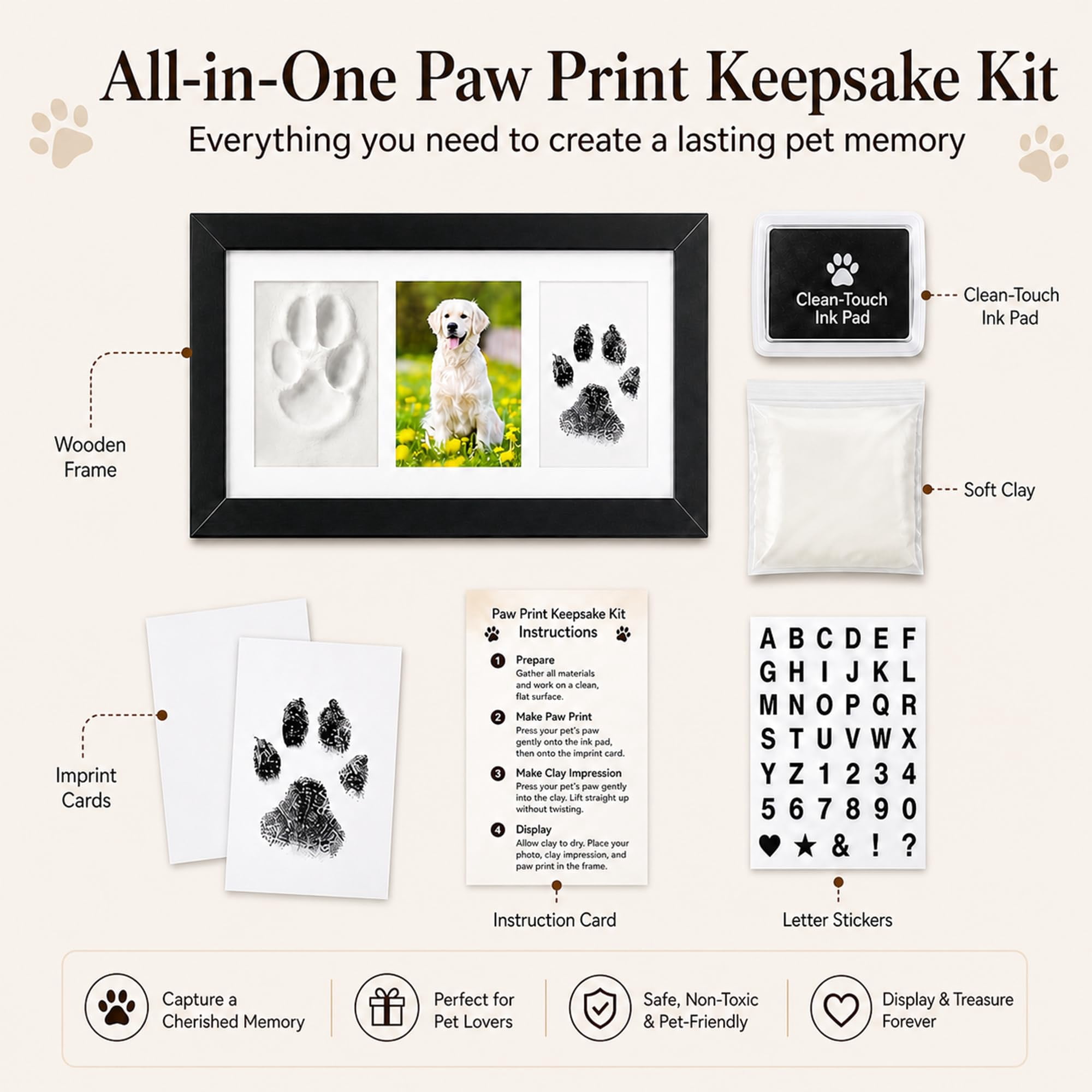 Dog Paw Print Frame Kit, Non-Toxic Clay & No Mess Ink Pad Pet Memorial DIY Gift (Black)