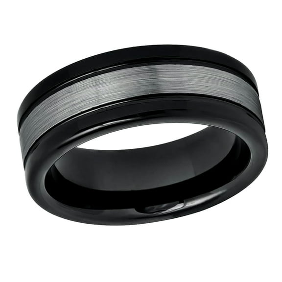 Free Engraving Personalized Custom Engraving Men's Women's Tungsten Wedding Band 8mm High Polished Shiny Black IP Plated Sides Dark Gray Brushed CenterSZ: 9