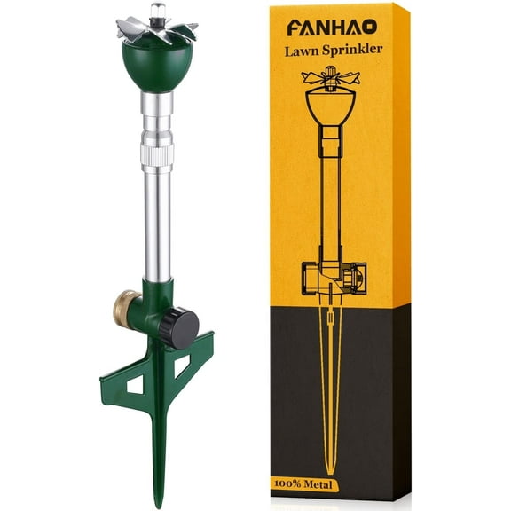 FANHAO Metal Water Sprinkler with Heavy Duty Spike Base, 360 Degree Watering Nozzle for Lawn Yard