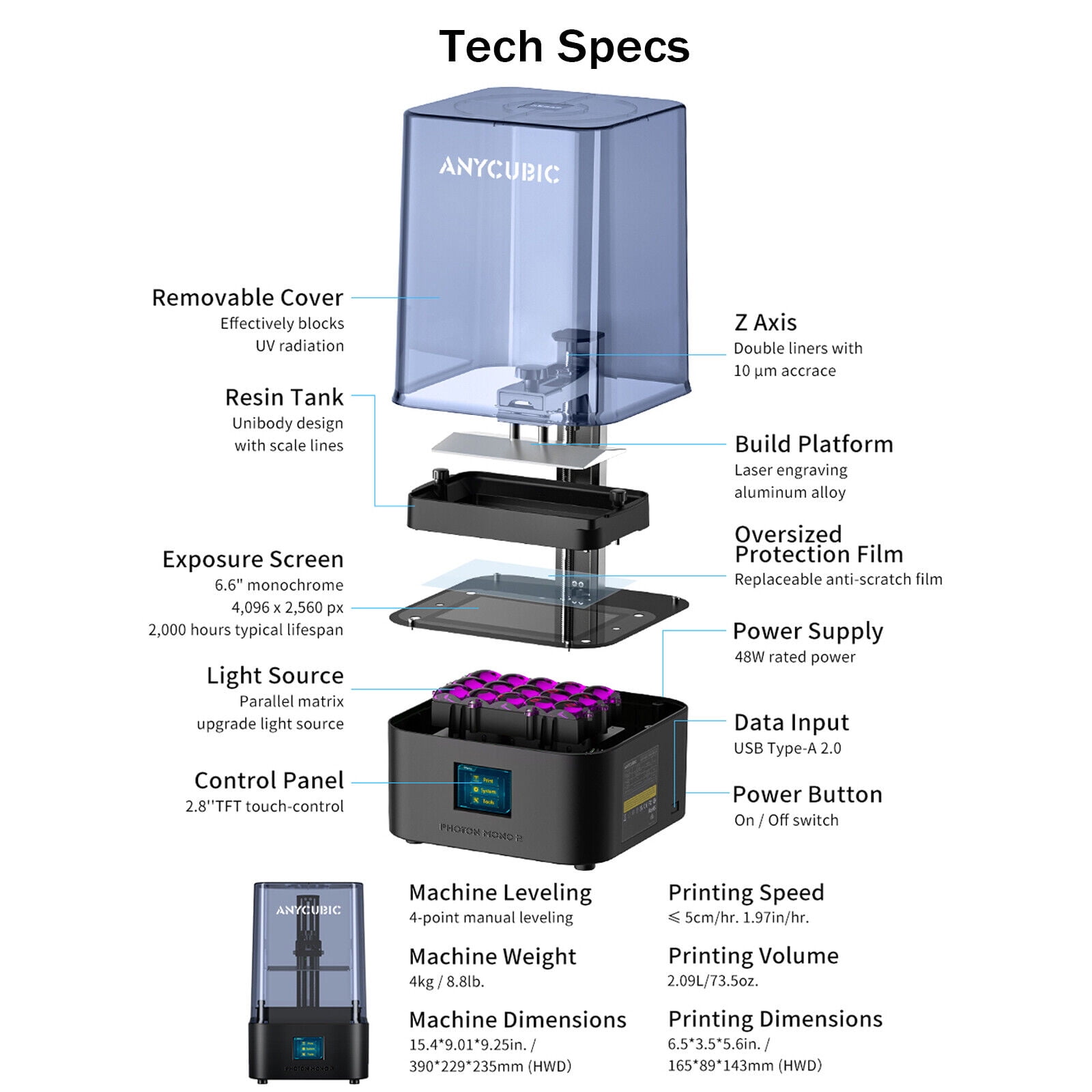 ANYCUBIC Resin 3D Printer, Photon Mono 2 3D Printer with 6.6 Monochrome  LCD Screen Fast Printing, Upgraded LighTurbo Matrix, 6.49'' x 5.62'' x  3.5