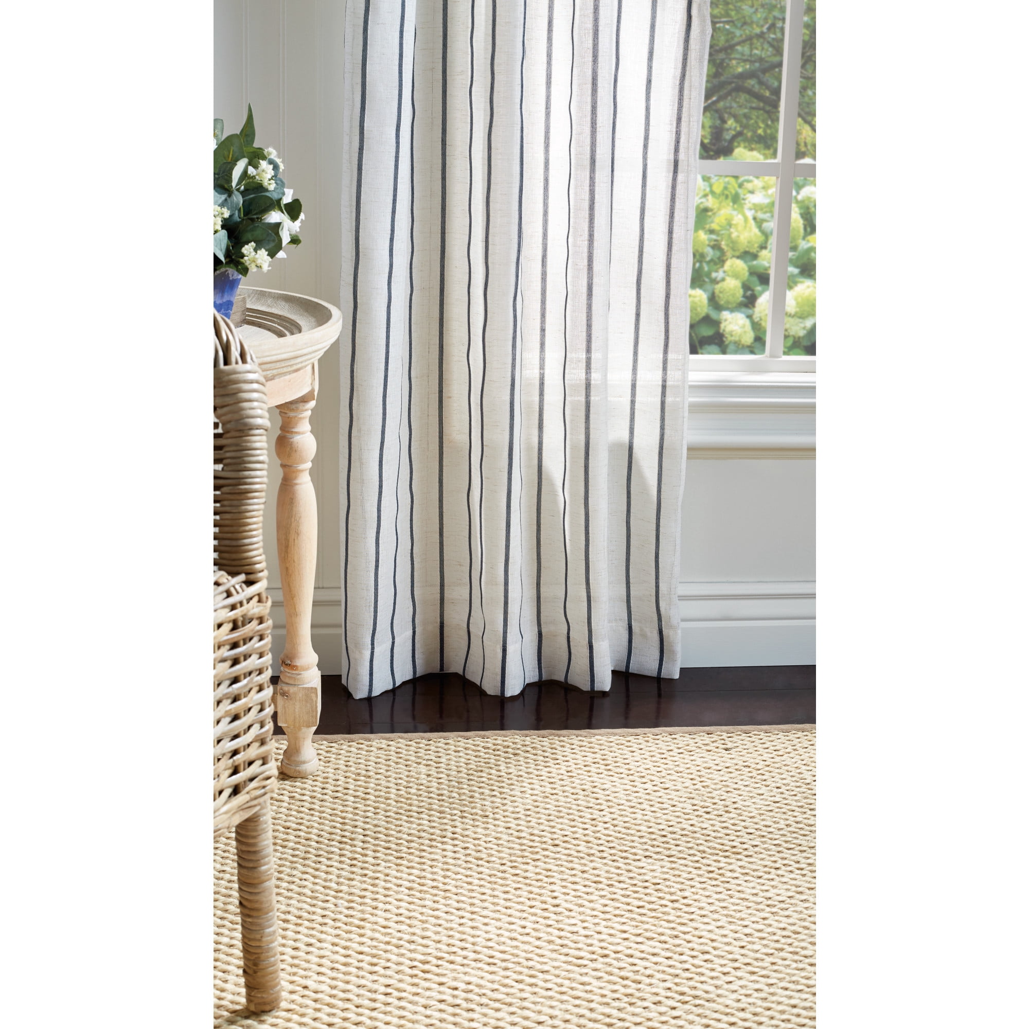Martha Stewart Laguna Stripe Curatin Panel Pair, Navy, Tie Tab, Semi Sheer, Indoor, Adult, 2 Piece Set, 37" x 95"