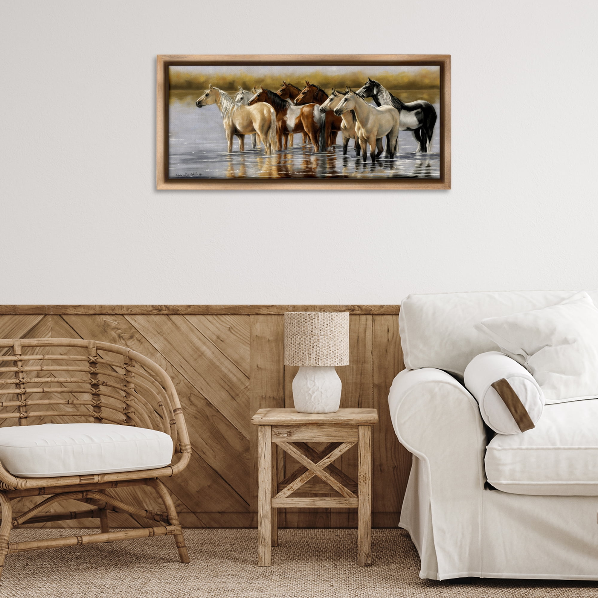 Stupell Industries Horse Herd Splashing Animals & Insects Painting Brown Floater Framed Canvas Art Print Wall Art, 31 x 14