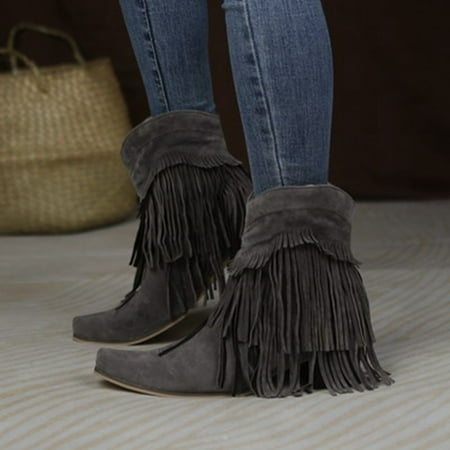 

Summer Savings Clearance 2022! Juebong Women s Vintage Tassels Up Short Boots Midheel Boots Shoes Cowboy Boots Modern Western Cowboy Distressed Boot