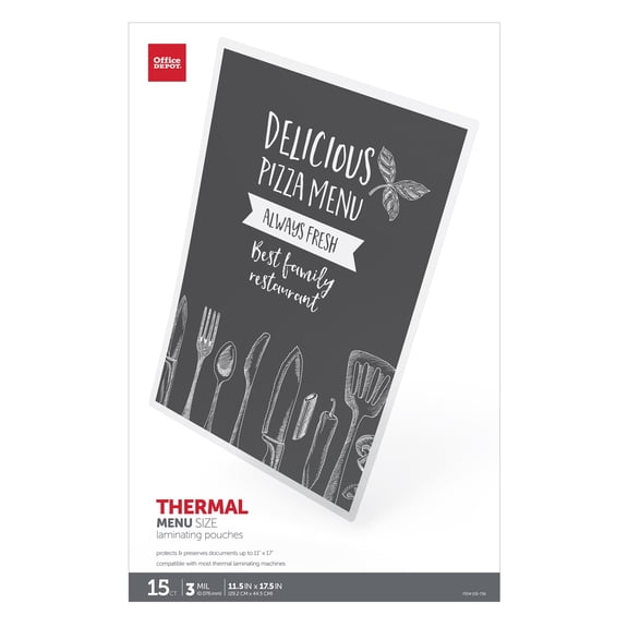 Office Depot® Brand Laminating Pouches, Menu Size, 3 Mil, 11.5" x 17.5", Pack Of 15