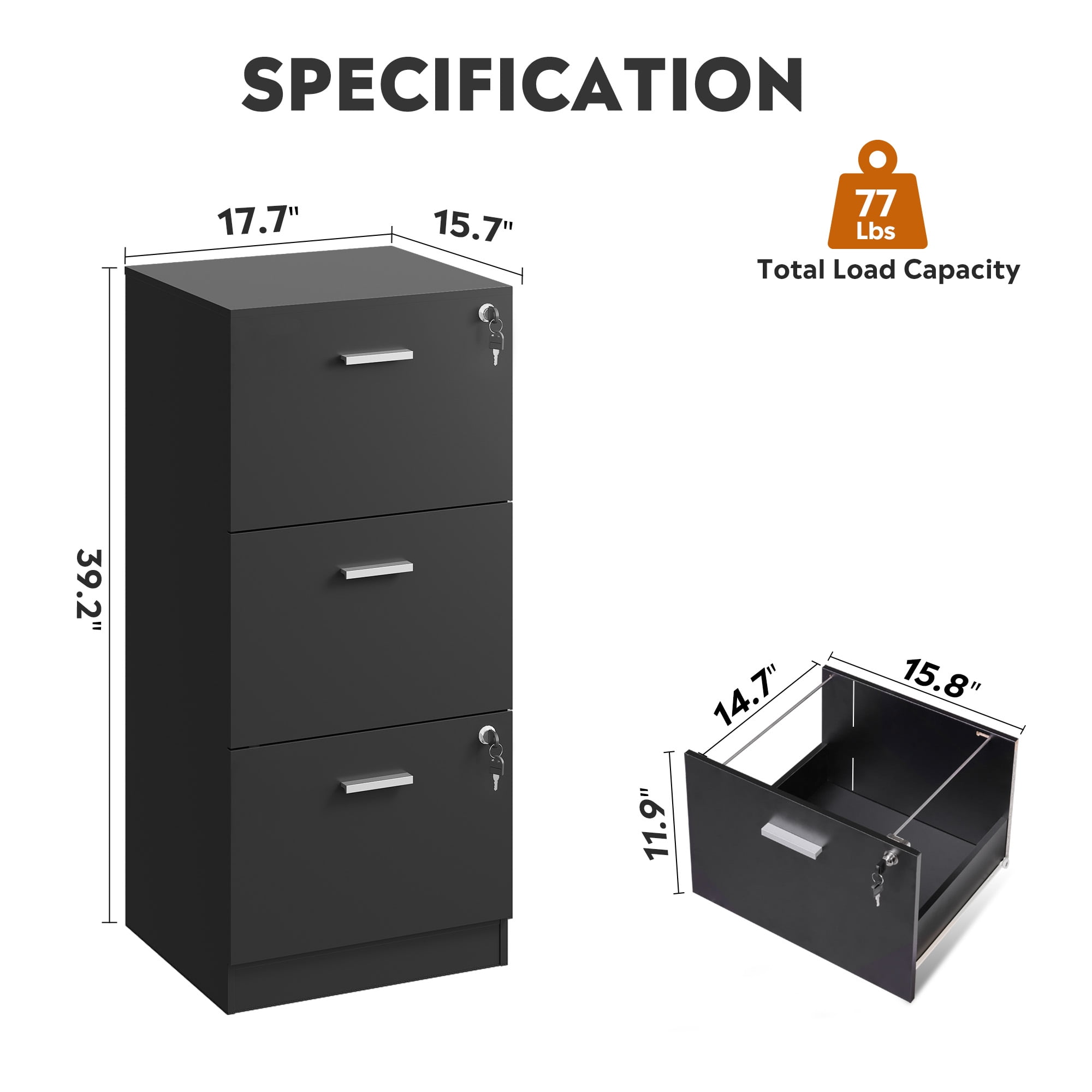 GALAXHERO 3 Drawers File Cabinets, Wood Vertical Filing Cabinet with Lock for Home Office, Letter/A4 Size, Black