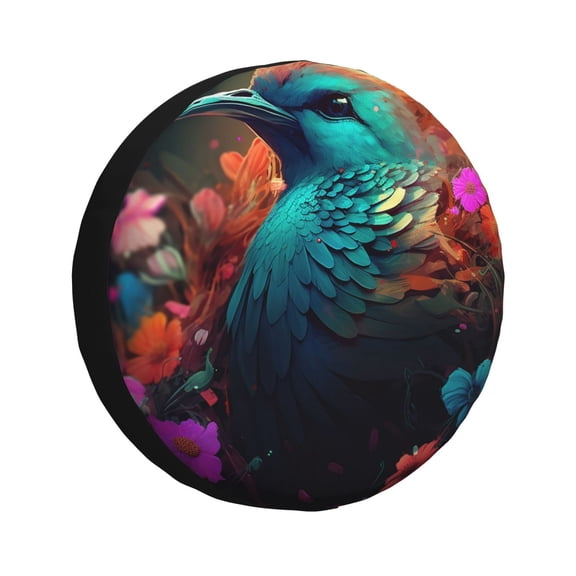 Fuzoiu Colorful Flower Bird Print Universal Spare Tire Cover with Buckle Strap, Waterproof Wheel Covers for Jeep, Trailer, RV, Truck and All Car-16 inch