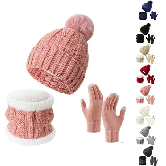 ATENAR 3PC Winter Sets for Women,Touch Screen Gloves,Fleece,Thermal,Soft,Solid,Acrylic,Pink,Free Size