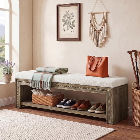 TRIBEWOOD 55-Inch Solid Wood Entryway Bench with Storage Shelf, Farmhouse Shoe Bench with Upholstered Cushion