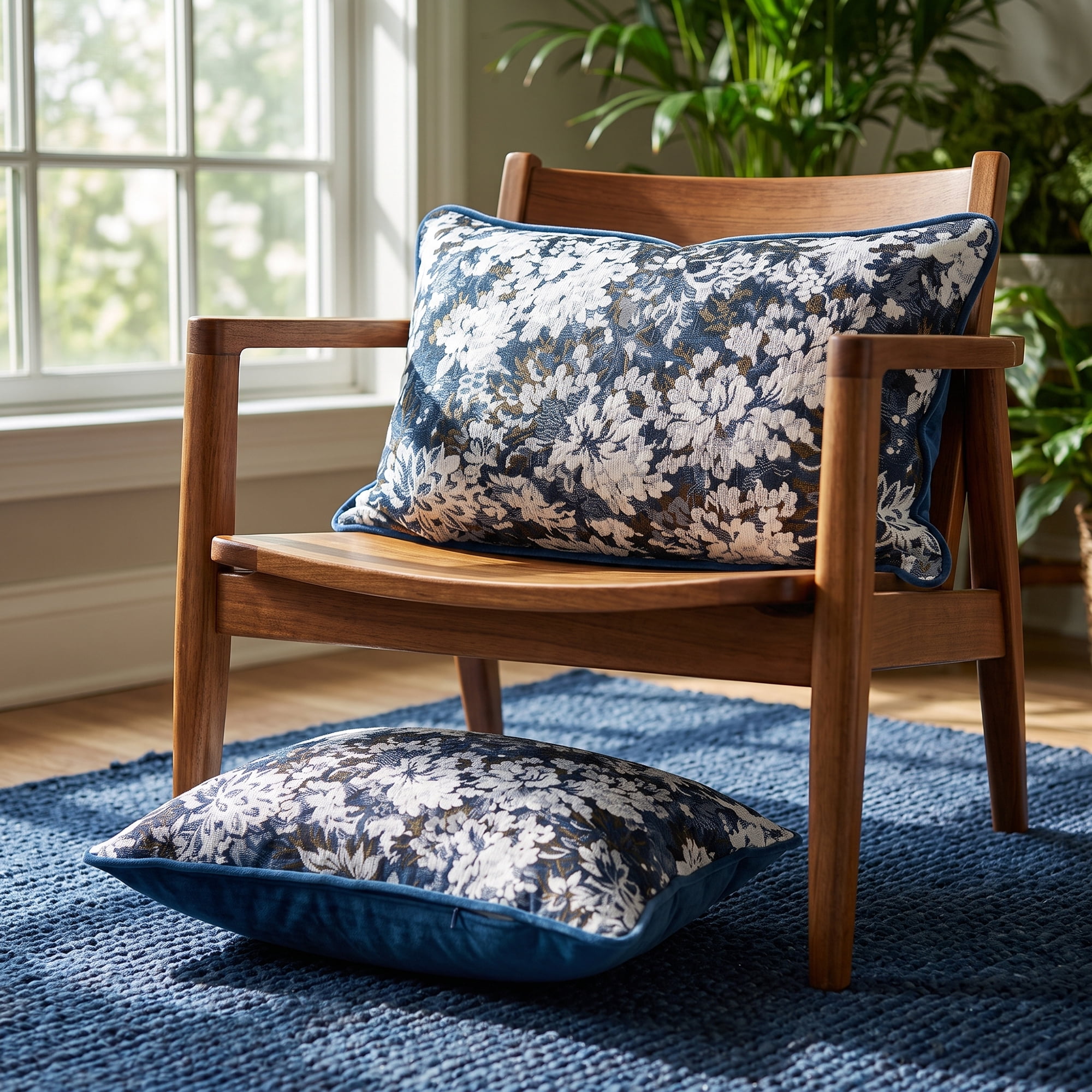 Unique Bargains Floral Throw Pillow Cover with Piped Edge Decor Cushion Case Blue 20"x12"