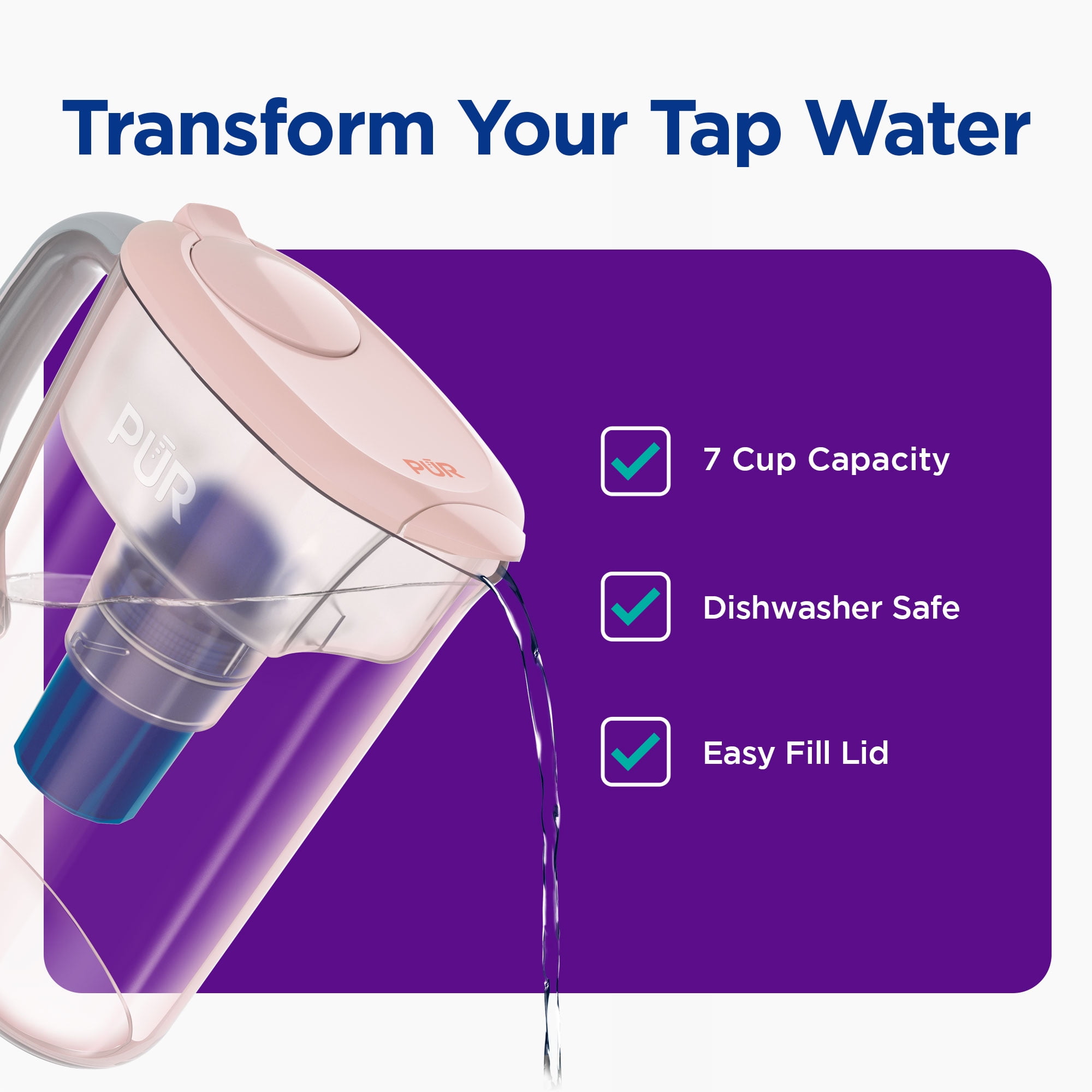PUR 7 Cup Pitcher Filtration System, Blush, W 9.6" x H 10.1" x L 4.5", PPT700PAV4