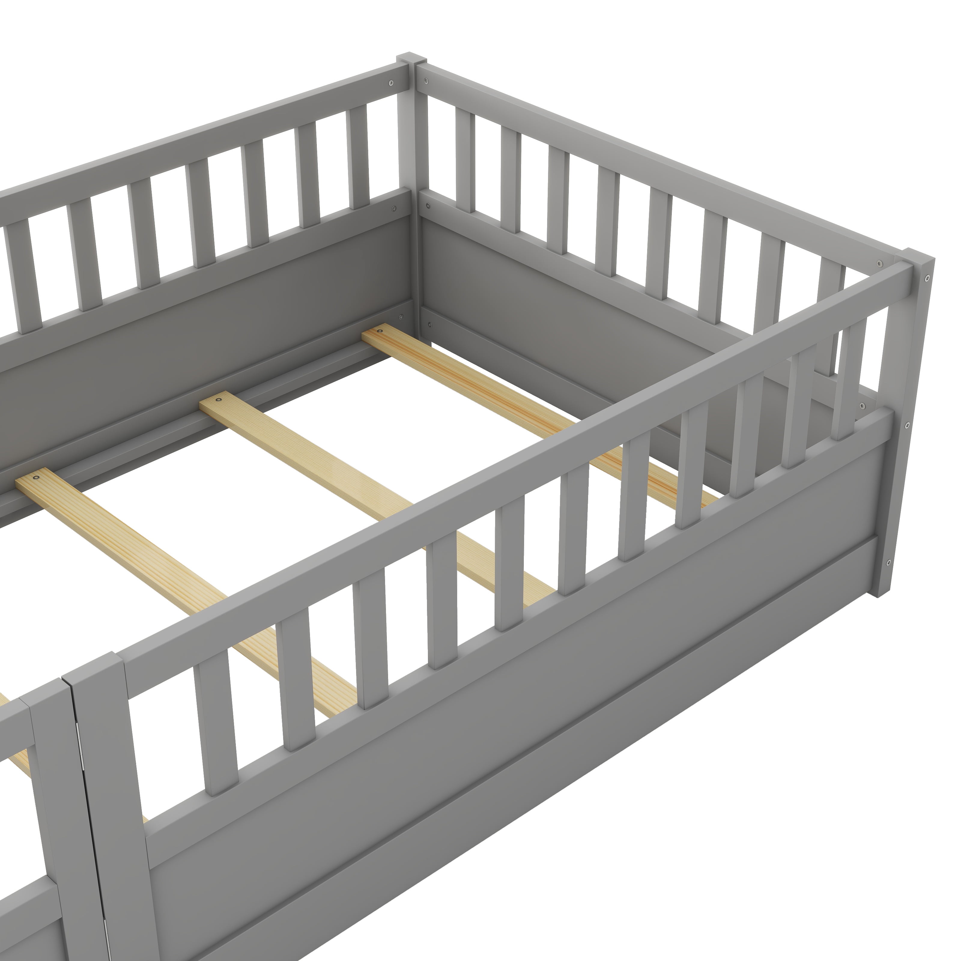 PORKISS Twin Floor Bed, Wooden Kids Bed Frame with High Rails and Slats, Low Toddler Bed with Built-in Door, No Box Spring Needed, Montessori Bed Frame for Children, Gray