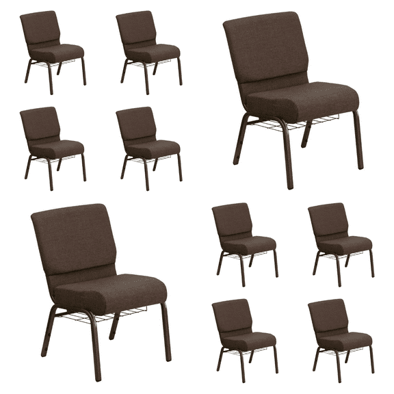 (10 PACK) 21'' Wide Dark Brown Fabric Church Chair with Book Rack and Gold Vein Frame - Multipurpose Stackable Office Side Chair