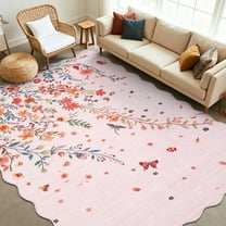 Garvee 9'x12' Floral Area Rugs Botanical Scalloped Rug, Non Slip Washable Rug Soft Butterfly Rug Low Pile Carpet for Living Room Bedroom Dining Room, Pink
