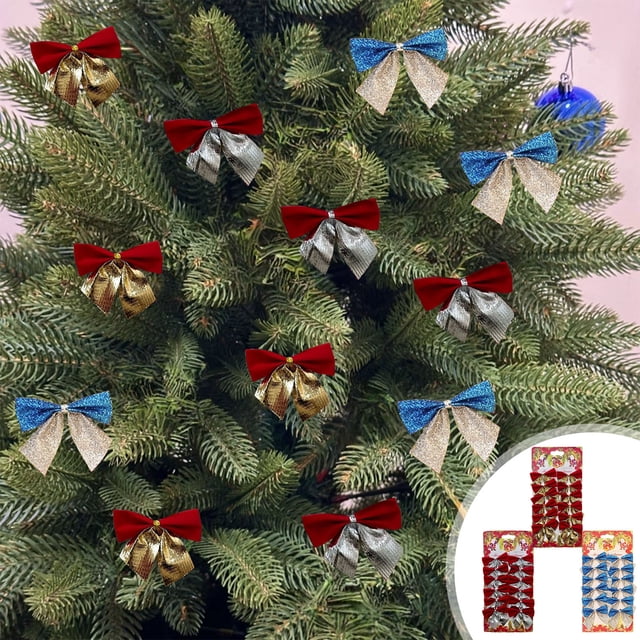 Decoraciones para lazos del árbol de Navidad | Mini lazos preatados, pack de 12, multicolores con purpurina dorada, material plástico, 9,45"x5,51" cada uno | Fiestas, fiestas, regalos, coronas