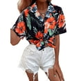 thumbnail image 6 of VILOVE Women's Hawaiian Shirt Soft Cool Tropic Floral Print Lapel V Neck Summer Cardigan Short Sleeve Button-Down, 6 of 7