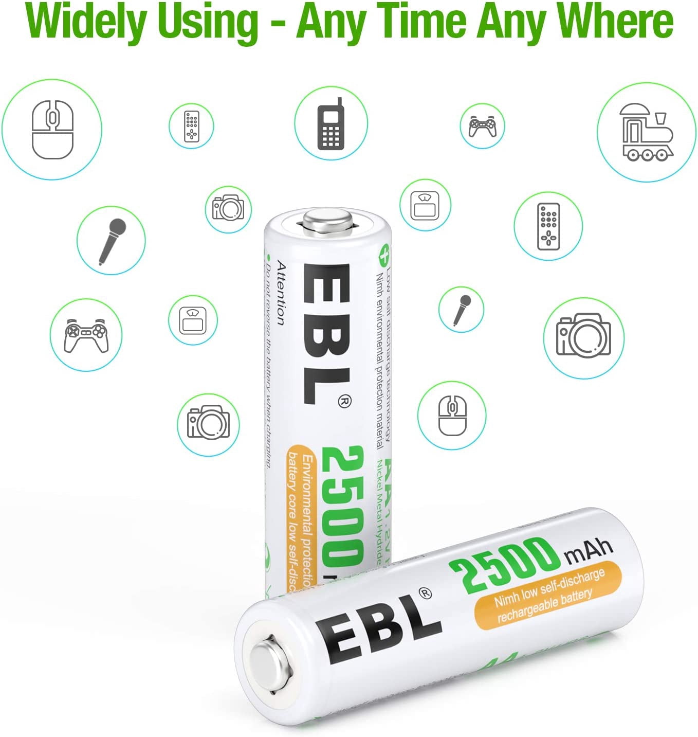 EBL 24Packs AA Rechargeable Batteries 1.2V 2500mAh ,Double a Batteries