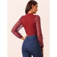 thumbnail image 4 of DARING DIVA Polka Dot Long Mesh Sheer Sleeve Slim Fit Bodysuits S Dark Red, 4 of 6
