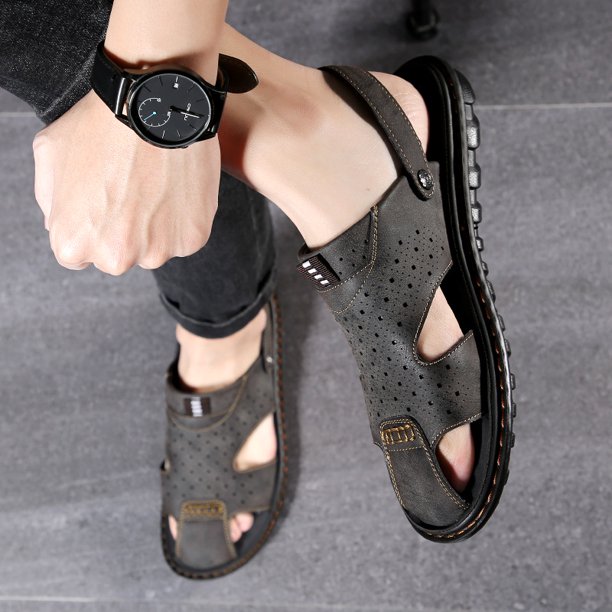 Sandalias de cuero de verano para hombre, zapatos de playa transpirables para exteriores, zapatos de moda, zapatillas de interior, zapatillas planas para el hogar para hombre (26,5 cm)