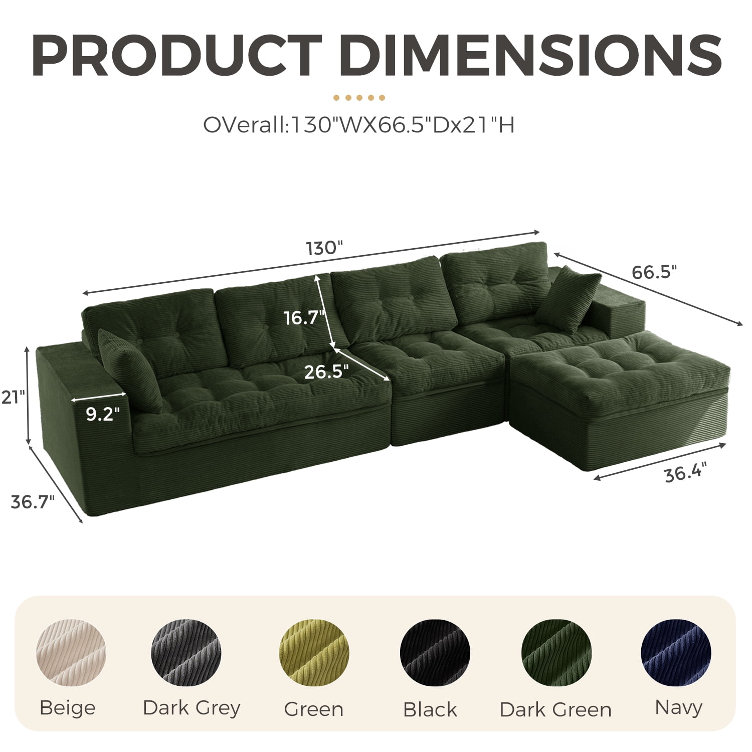 BYBYME 130"Oversized L-Shaped Sectional Sofa Cloud Boneless Modular Couch,Upholstered Sofa with Convertible Left/Right Ottoman for Living Room Bedroom,No Assembly,DGreen