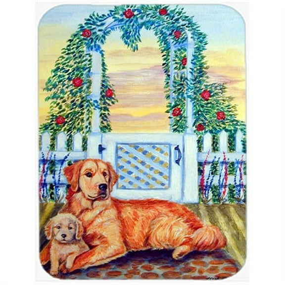 Golden Retriever with puppy at the gate Glass Cutting Board - Large, 15 x 12 in.