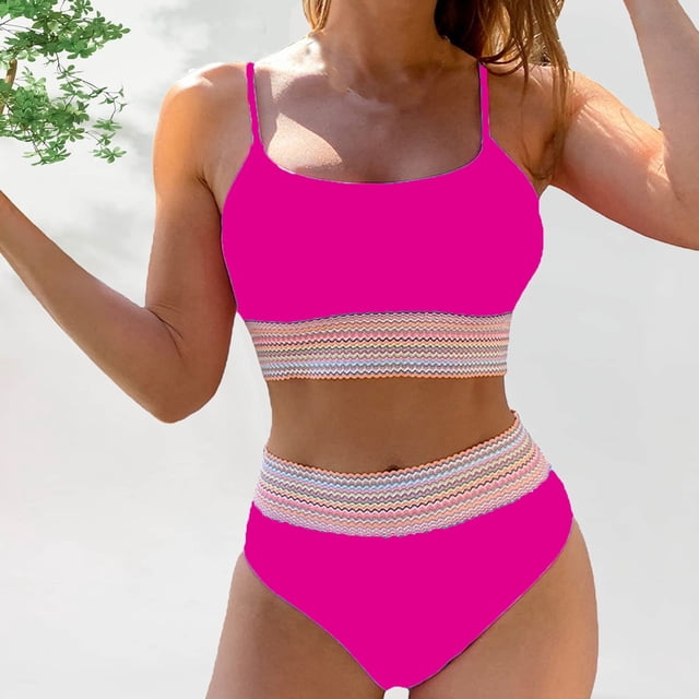 Traje de baño de 2 piezas para mujer, trajes de baño para mujer, traje de baño de mujer de cintura alta, color liso, panel, bikini colorido, traje de baño de color liso, sin espalda, con soporte de ac