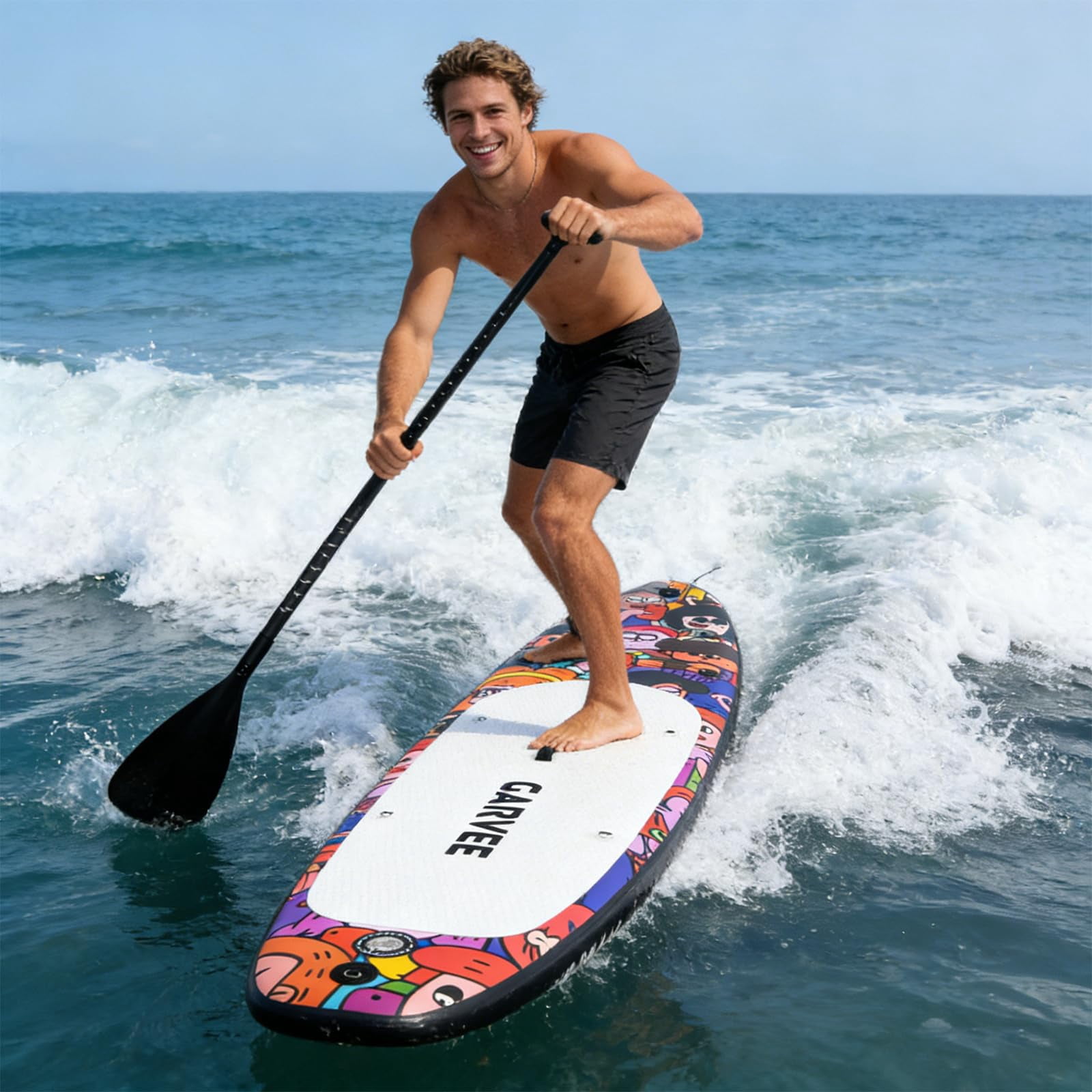 Garvee Inflatable Stand Up Paddle Board 10'6" for Adults, Wide Stable Paddle Boards Set with Paddle, High-Speed Electric Pump, Hand Pump, Soft Seat, Camera Mount, Waterproof Phone Pouch, Fins