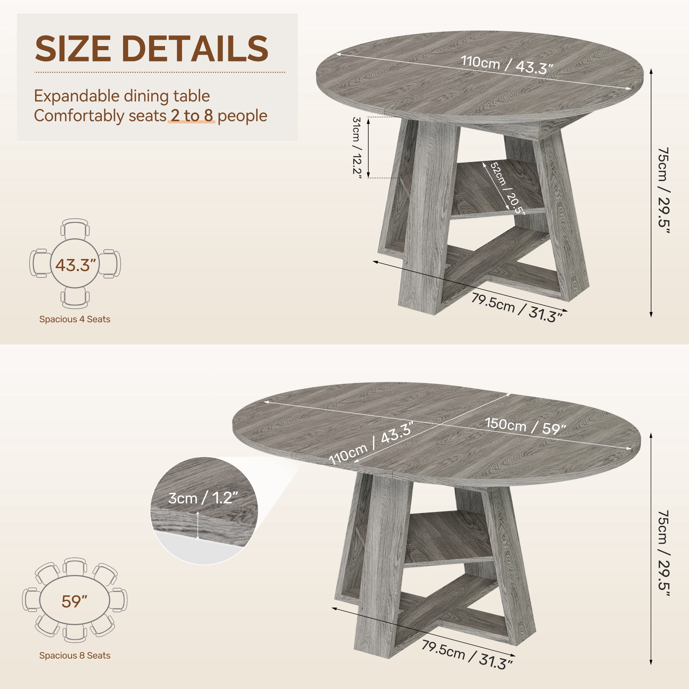 Hawsaiy 43.3-59 in Extendable Oval Dining Table for 4-6, Space-Saving Round Kitchen Table with Hidden Leaf Storage & Bottom Shelf for Small Space, Gray