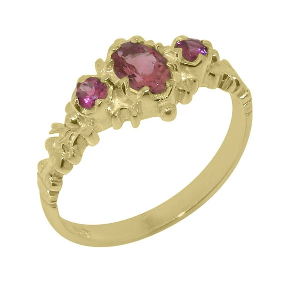 LBG British Made Classic Solid 14k Yellow Gold Natural Pink Tourmaline Womens Anniversary Ring - 33 size options - Size 5.25