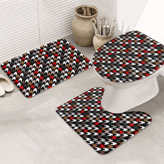 Bathroom Rugs Sets 3 Piece - Houndstooth Green Red Absorbent Non Slip Bath Mats, U-Shape Toilet Lid Cover, Contour Mat, Soft Washable Shower Mats Bath Rug Mat for Bathroom Tub Toilet