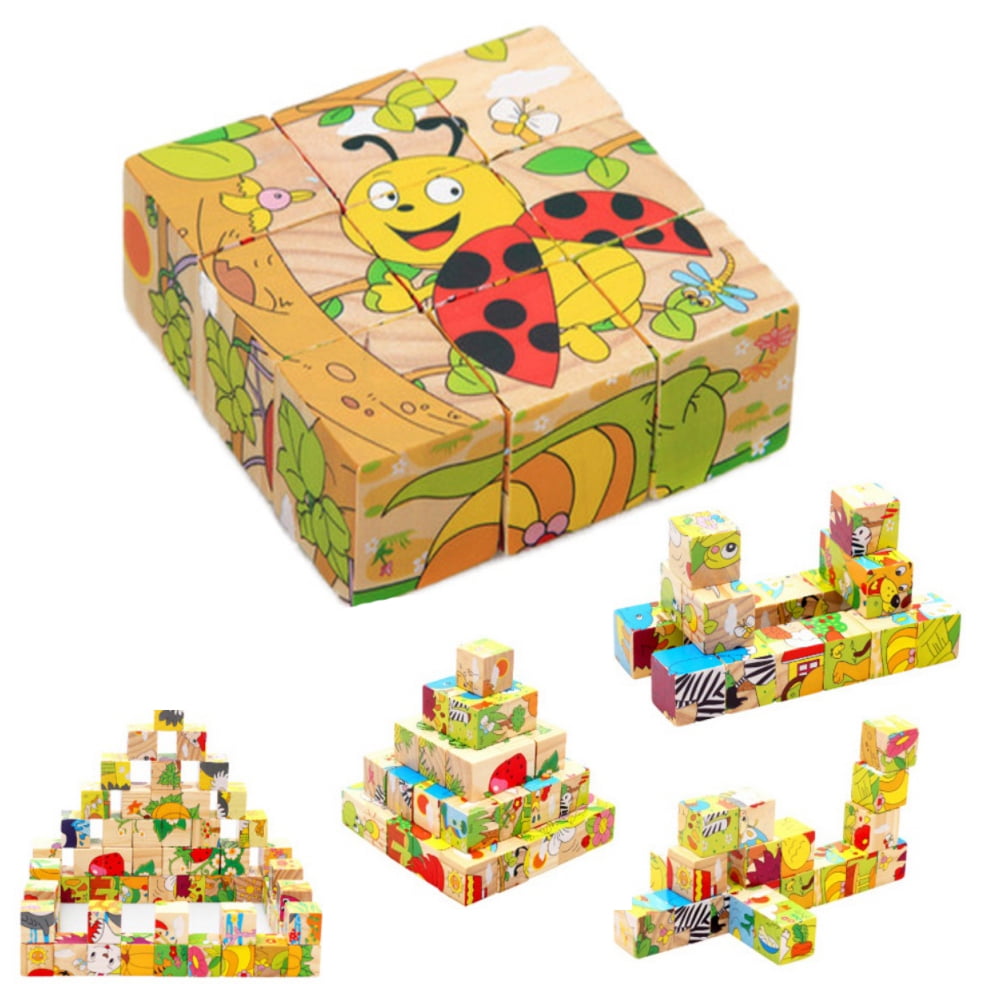 Blesiya 6 in 1 Wooden Animal Block Puzzle Cube Blocks for Toddlers Kids 
