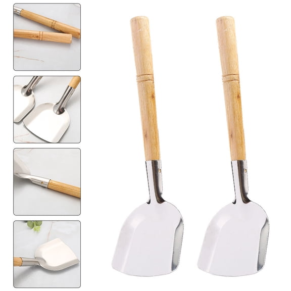 Omeite 2pcs Wooden Handle Steel Spatula Set Traditional Old-Fashioned Household Cooking Utensils Kitchen Tools