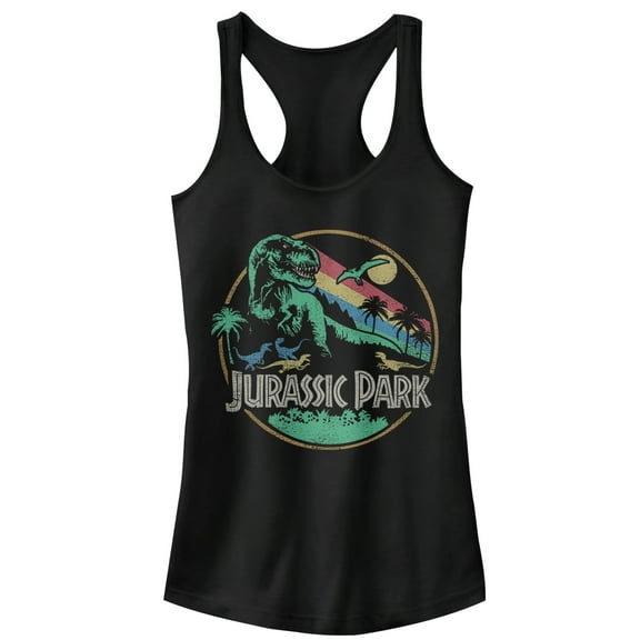 Junior's Jurassic Park Rainbow Emblem Racerback Tank Top Black Large