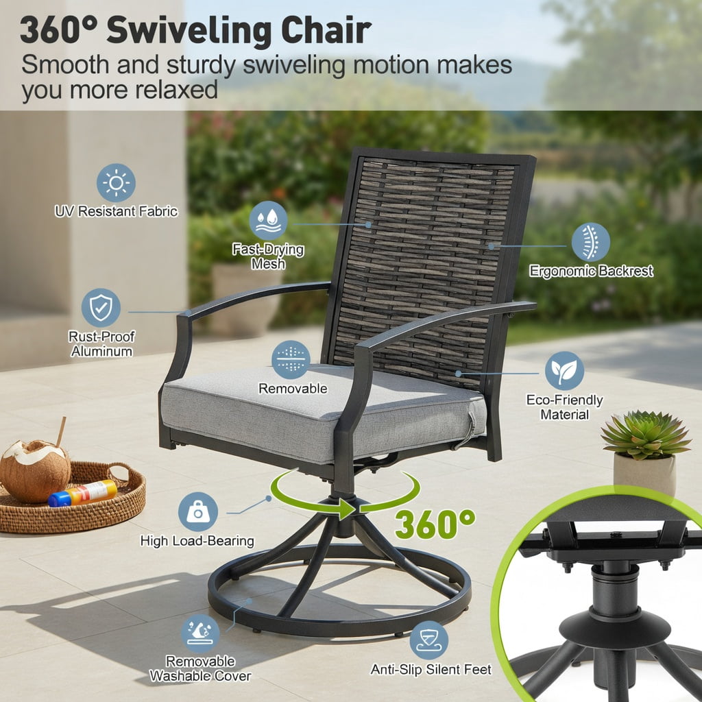 Hommoo 3-Piece Outdoor Swivel Patio Chair Set with Cushions, PE Rattan & Metal Frame, Includes Coffee Table for Backyard, Deck or Garden, Gray