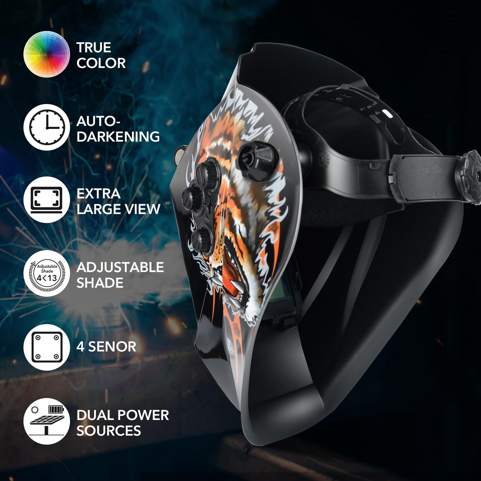 TRQWH Welding Helmet Auto Darkening Large Viewing True Color Solar Powered Welding Mask with 4 Arc Sensor Adjustable Wide Shade Range 4~5-8/9-13 Welder Mask with Grinding