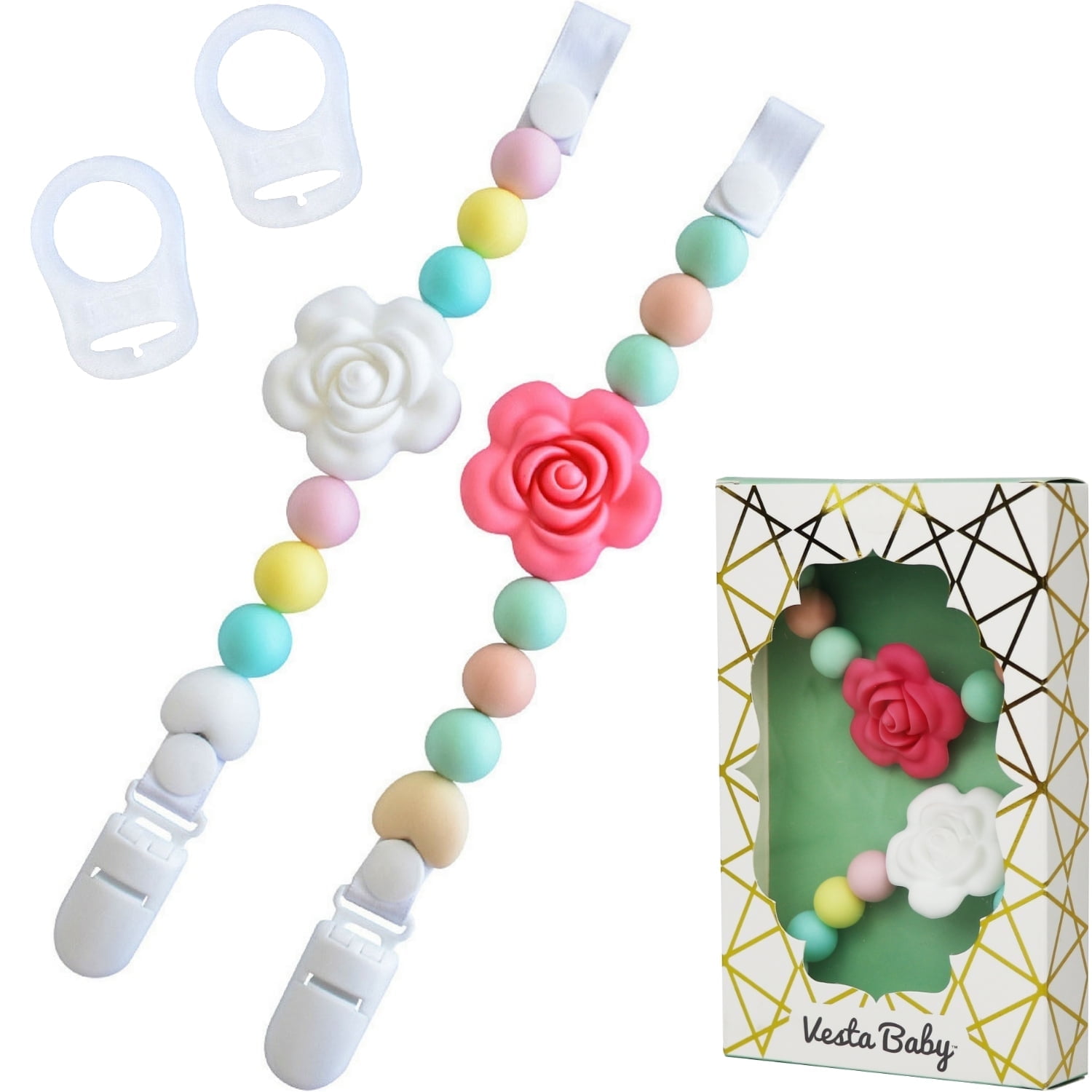 Vesta Baby Silicone Pacifier Clip and Teether Holder Set for 3 Months+ Infant Girls