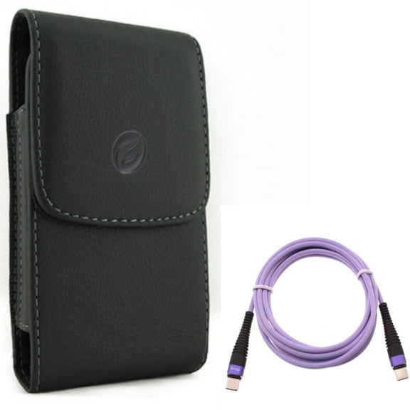 Type-C to USB-C Purple 6ft PD Cable w Leather Case Belt Clip for Samsung Galaxy A53 5G,A33 5G Phones - Long Charger Cord Power Wire Sync, Holster Cover Pouch Vertical