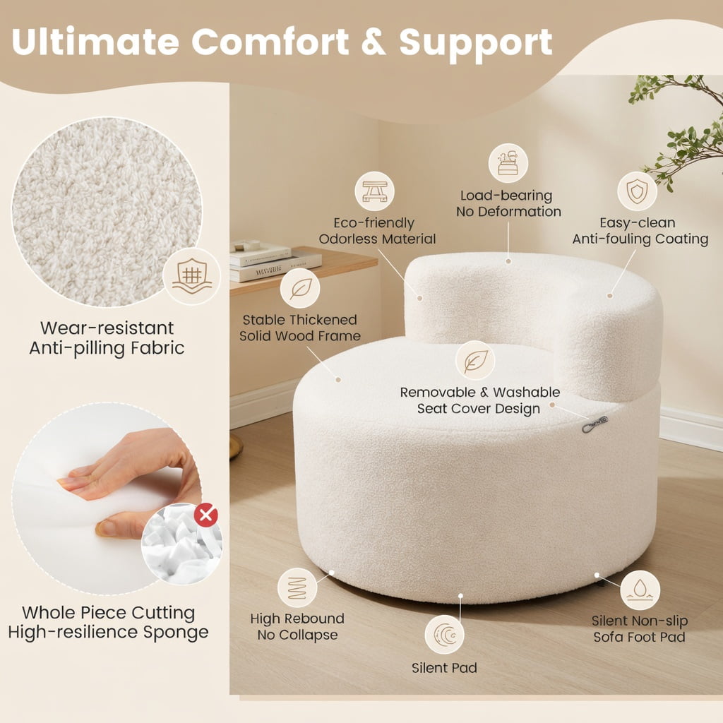 Hommoo Moon-Shaped Teddy Fleece Floor Sofa Chair, Single Seater Bean Bag with Removable Washable Cover, 440 lb Capacity, Beige